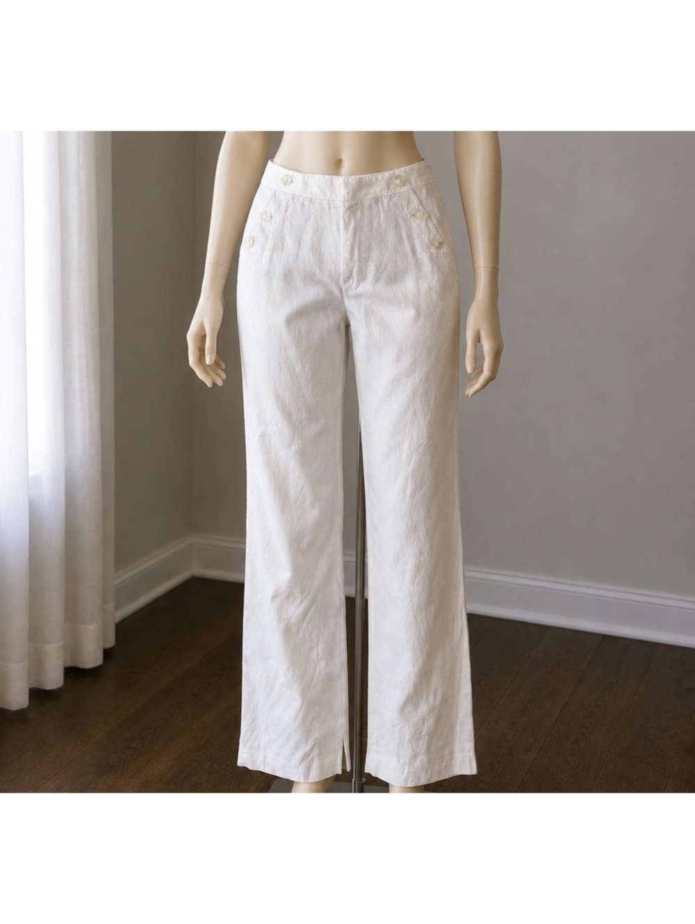 Talbots Women’s 12P White 100% Linen Pants Straight Leg Lined Button Petite